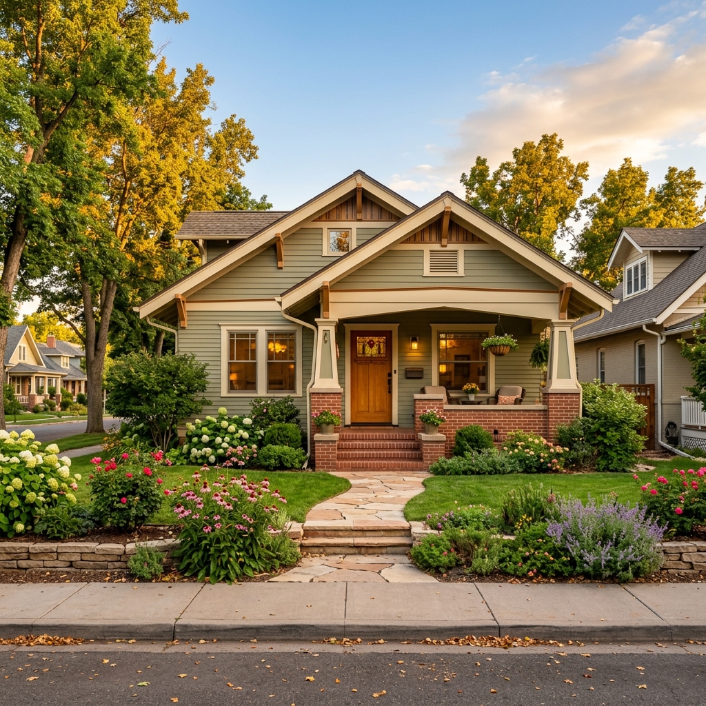 Denver craftsman home on tree-lined street at golden hour
